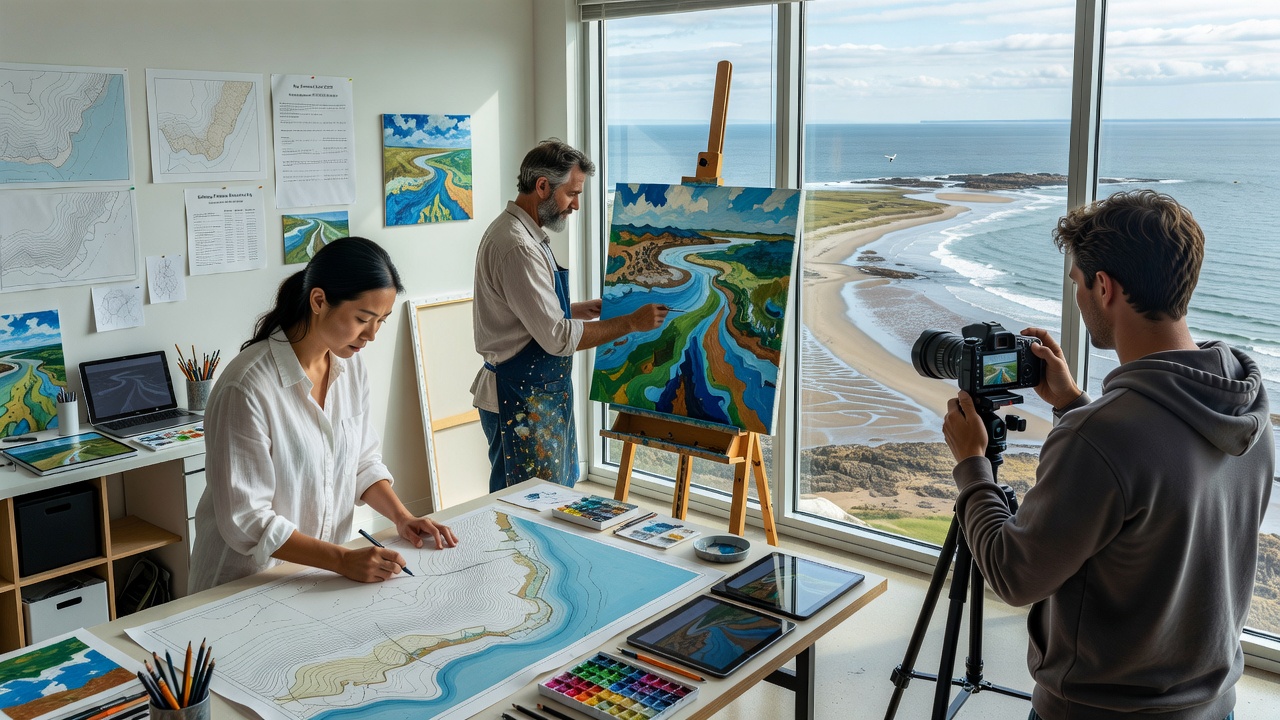 Mixed-media installation created by a residency artist showing annotated maps of Meadow Bay shoreline changes alongside recorded tide data