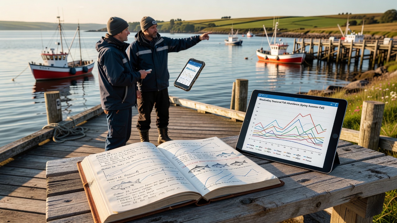 Stack of weathered fishermen's logbooks open on a wooden table beside tide charts and sample catch data sheets